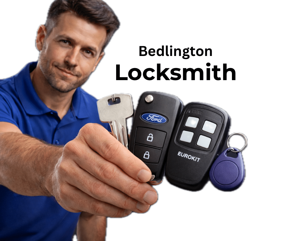 Locksmith holding house key, car key and access fob in Bedlington