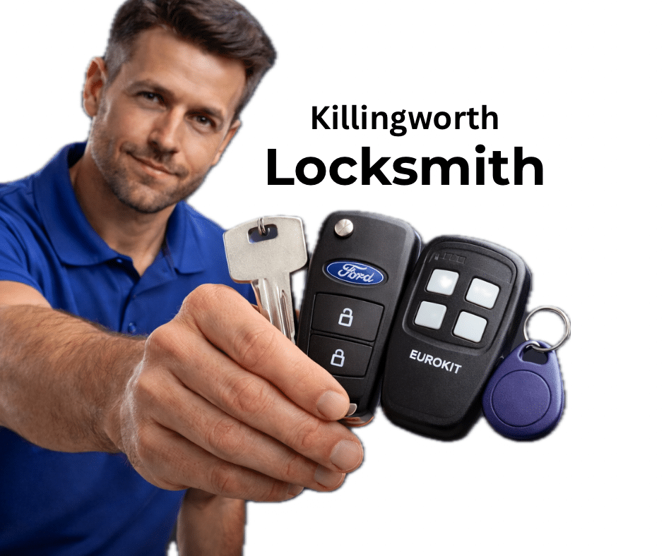 Locksmith holding house key, car key and access fob in Killingworth