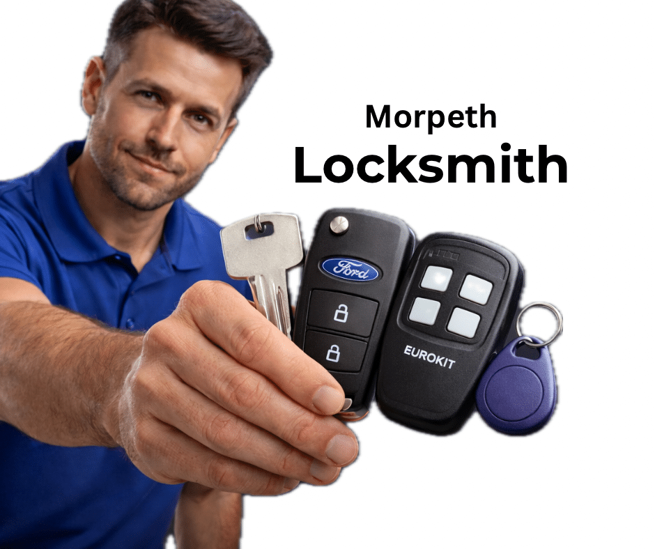 Morpeth locksmith holding house keys, car key remote, garage door remote and access control fob