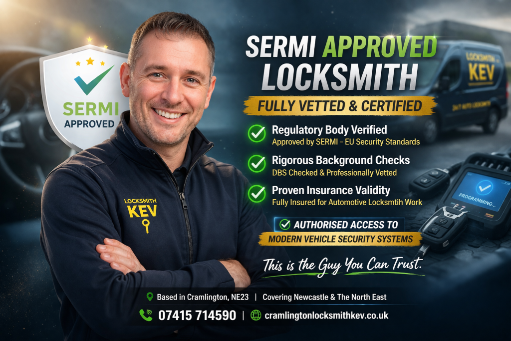 SERMI approved locksmith Kev in Newcastle and Cramlington standing beside van, highlighting certified automotive locksmith services, DBS checked, insured and authorised for vehicle key programming