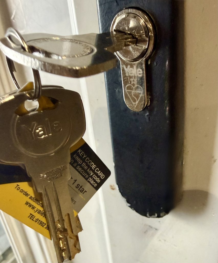 Yale TS007 1 star euro cylinder installed in Cramlington NE23 showing key in lock during home security upgrade